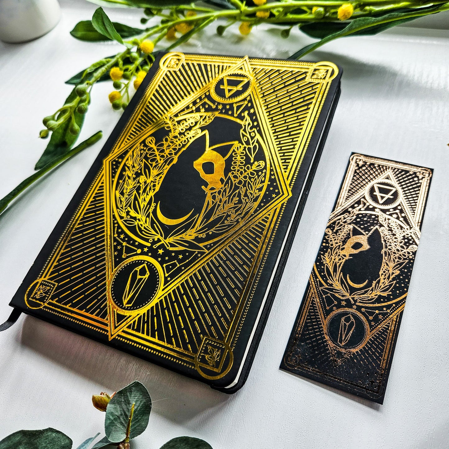 A5 Gold Foil Celestial Cat Skull Notebook + Bookmark bonesandgardens