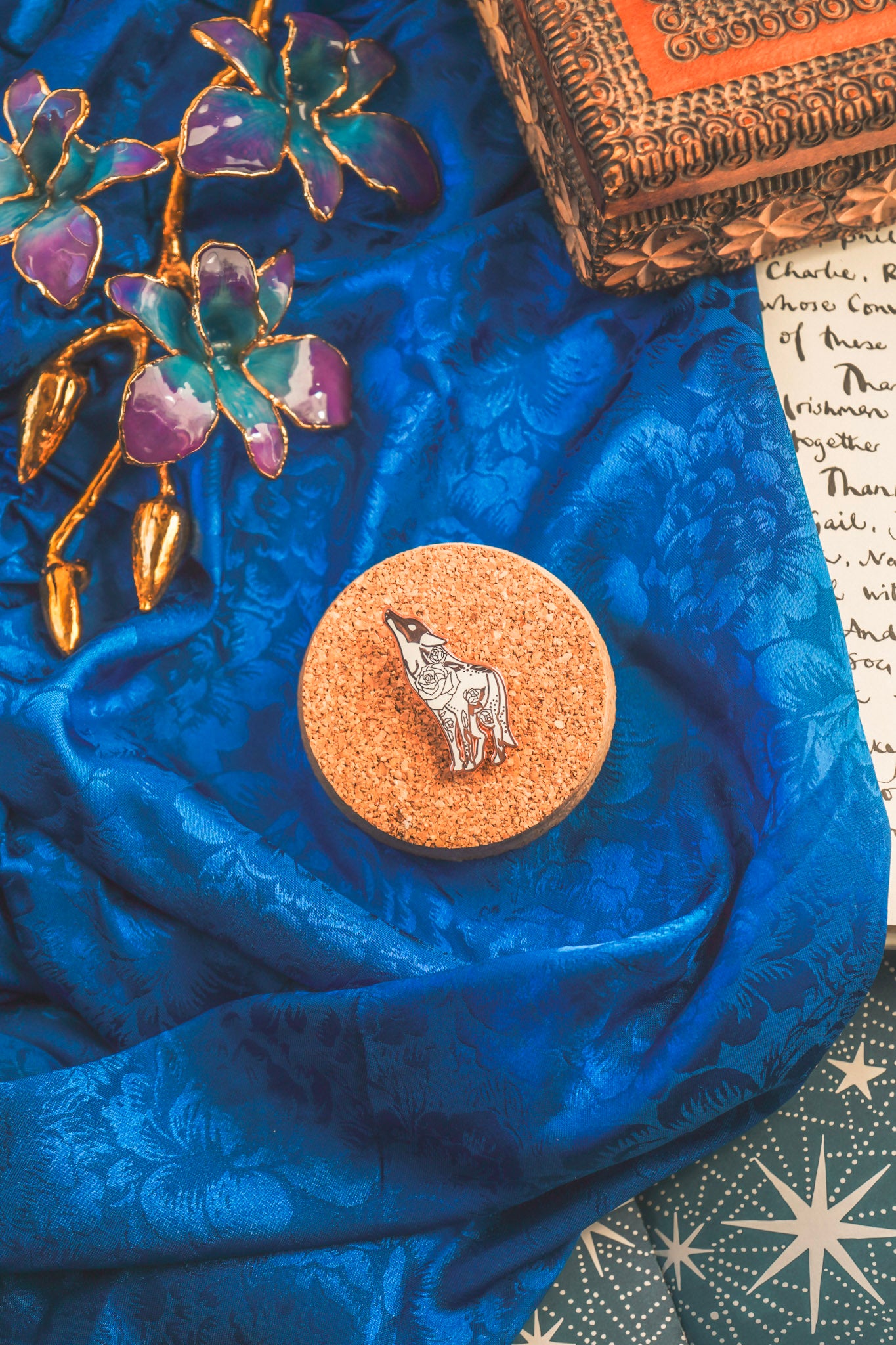 White Floral Wolf Pin