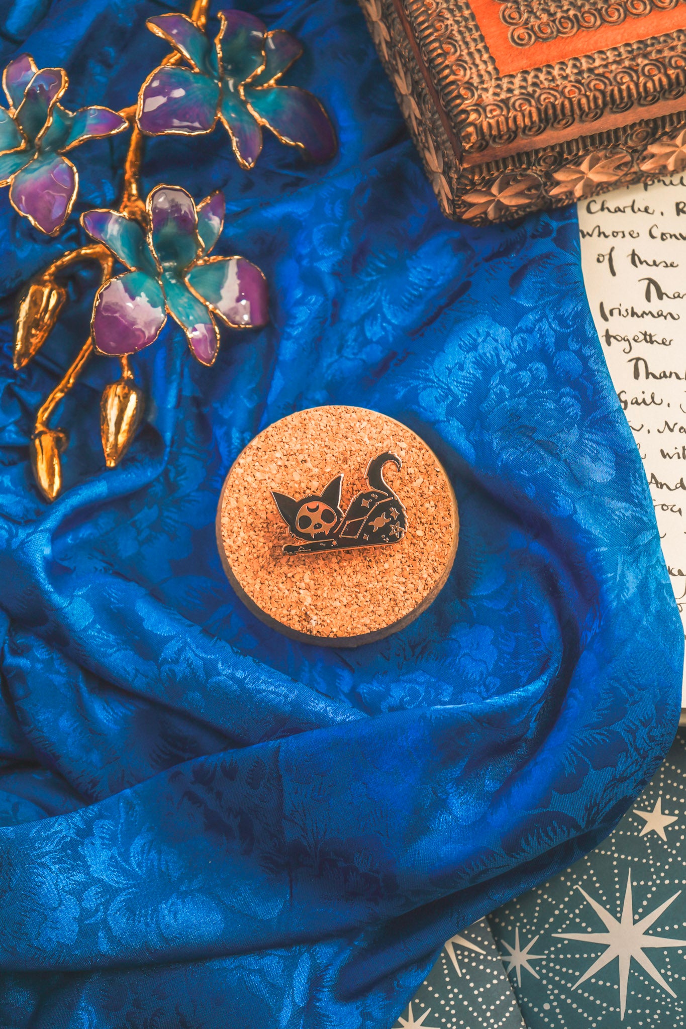 Stretching Black Cat Witchy Pin