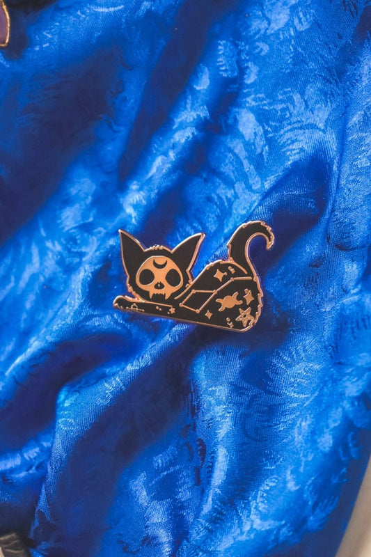 Stretching Black Cat Witchy Pin