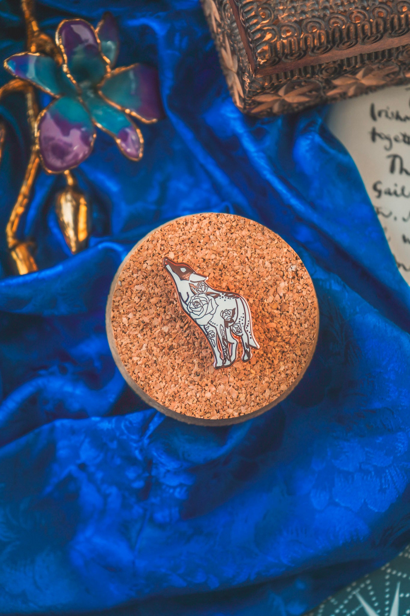 White Floral Wolf Pin