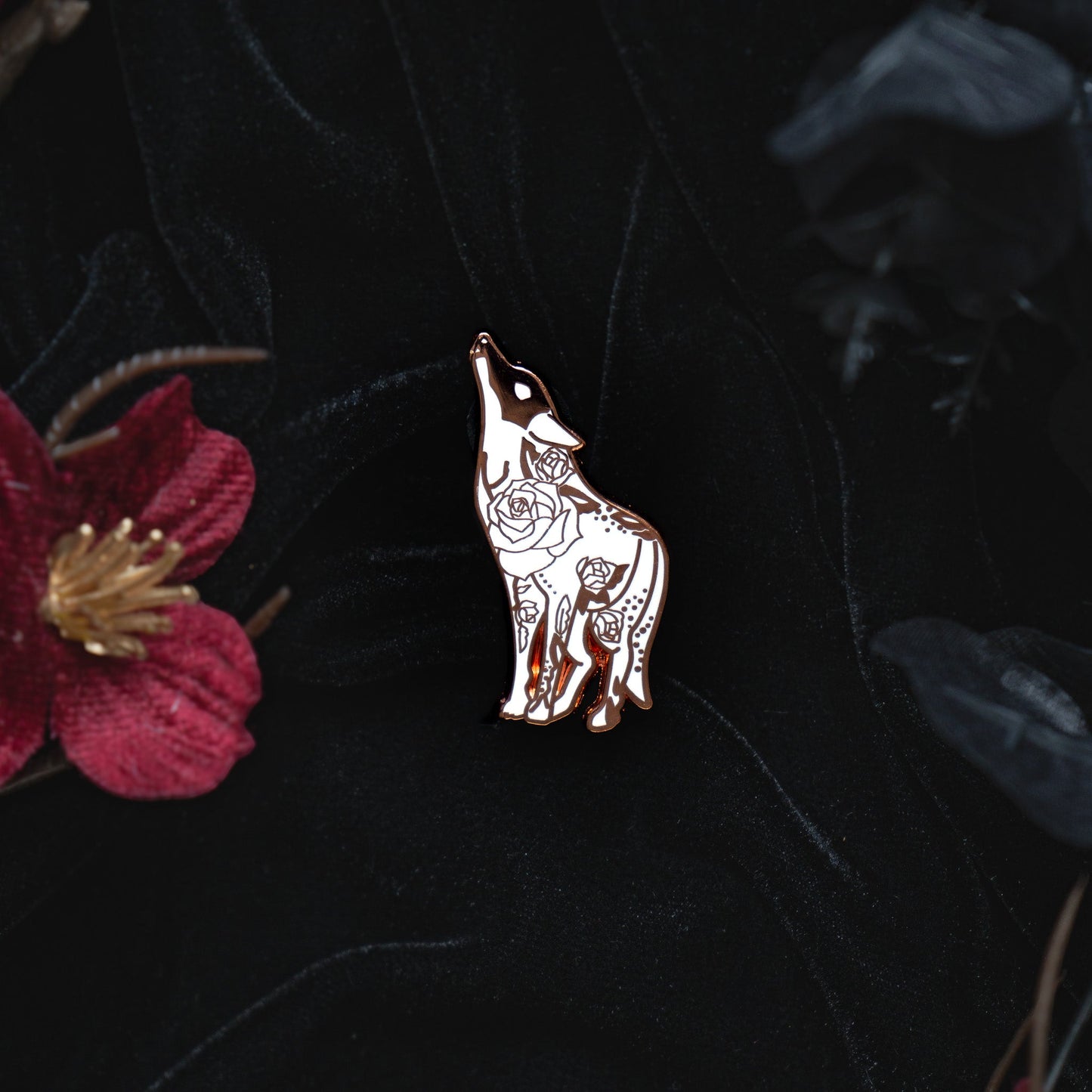 White Floral Wolf - Enamel Pin bonesandgardens