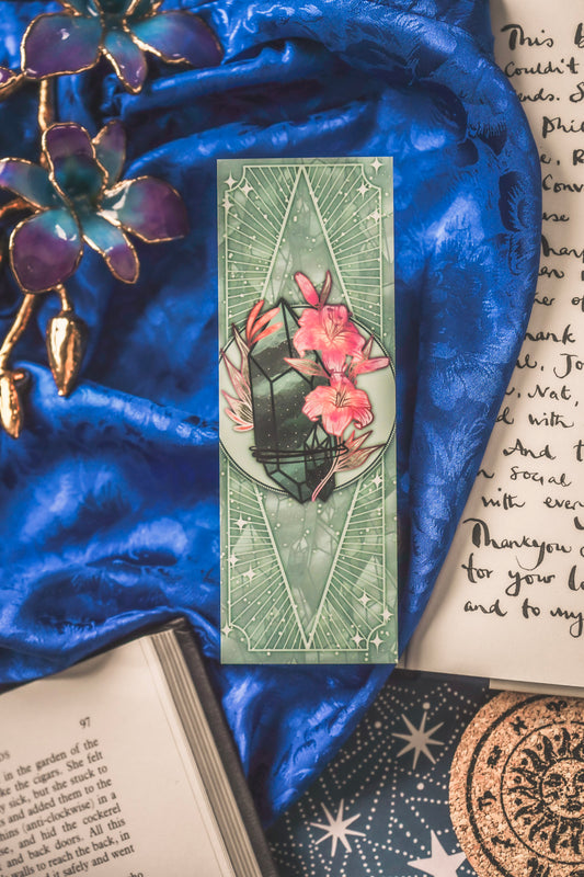 Emerald stone with lily flower - Cancer Birthstone Bookmark