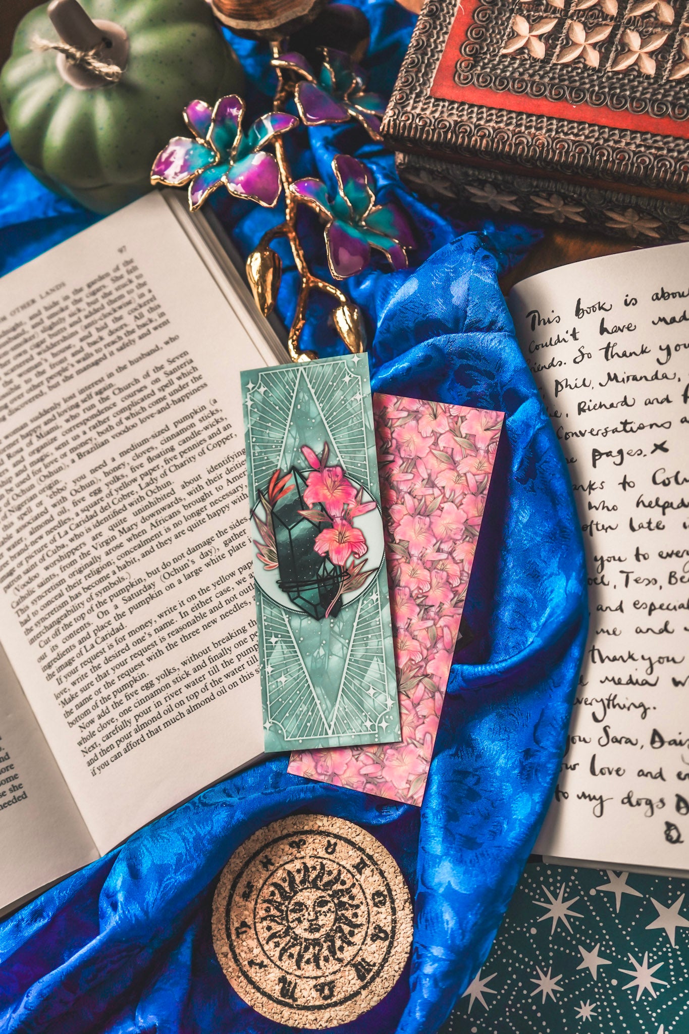 Emerald stone with lily flower - Cancer Birthstone Bookmark