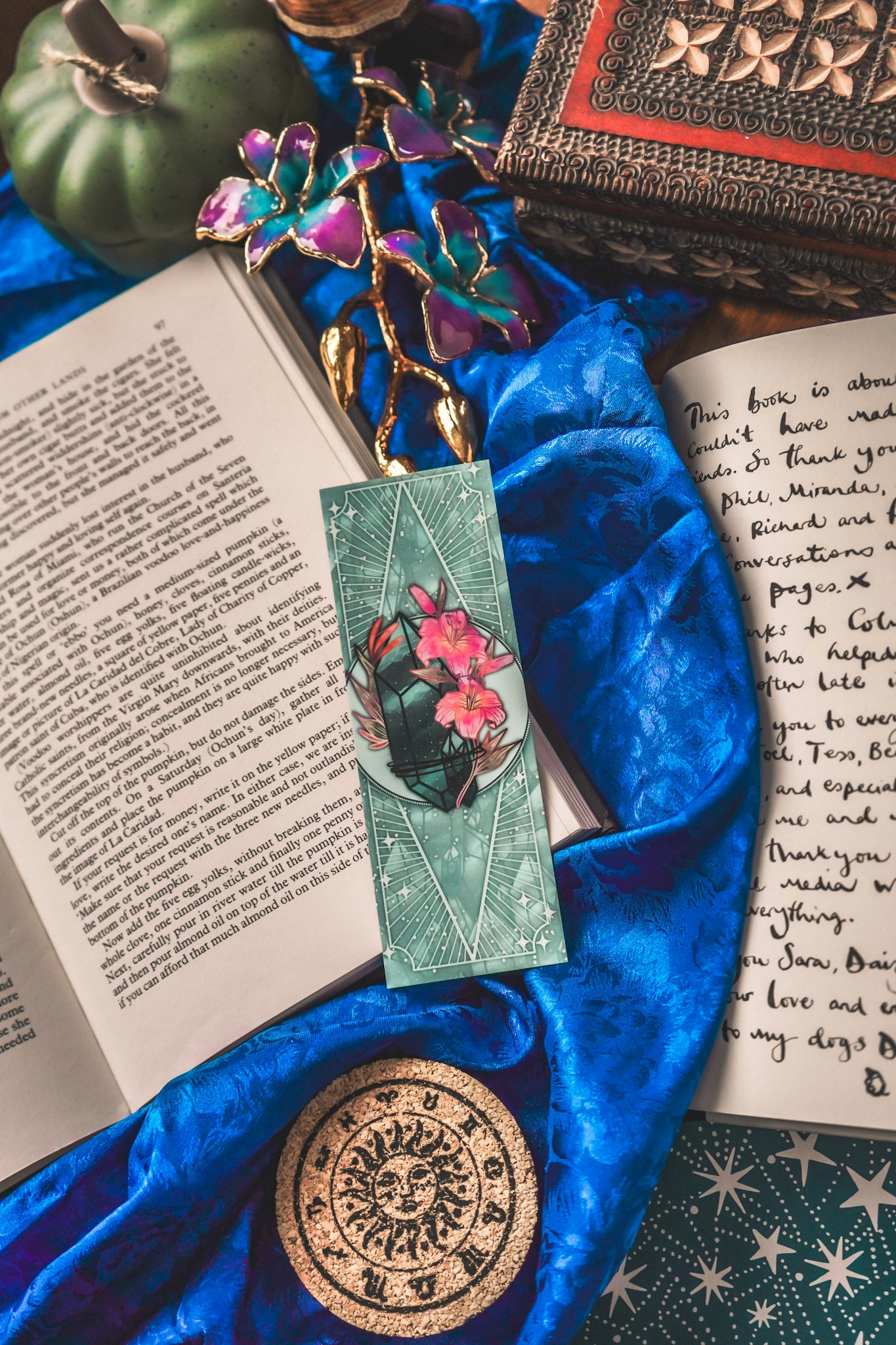 Emerald stone with lily flower - Cancer Birthstone Bookmark