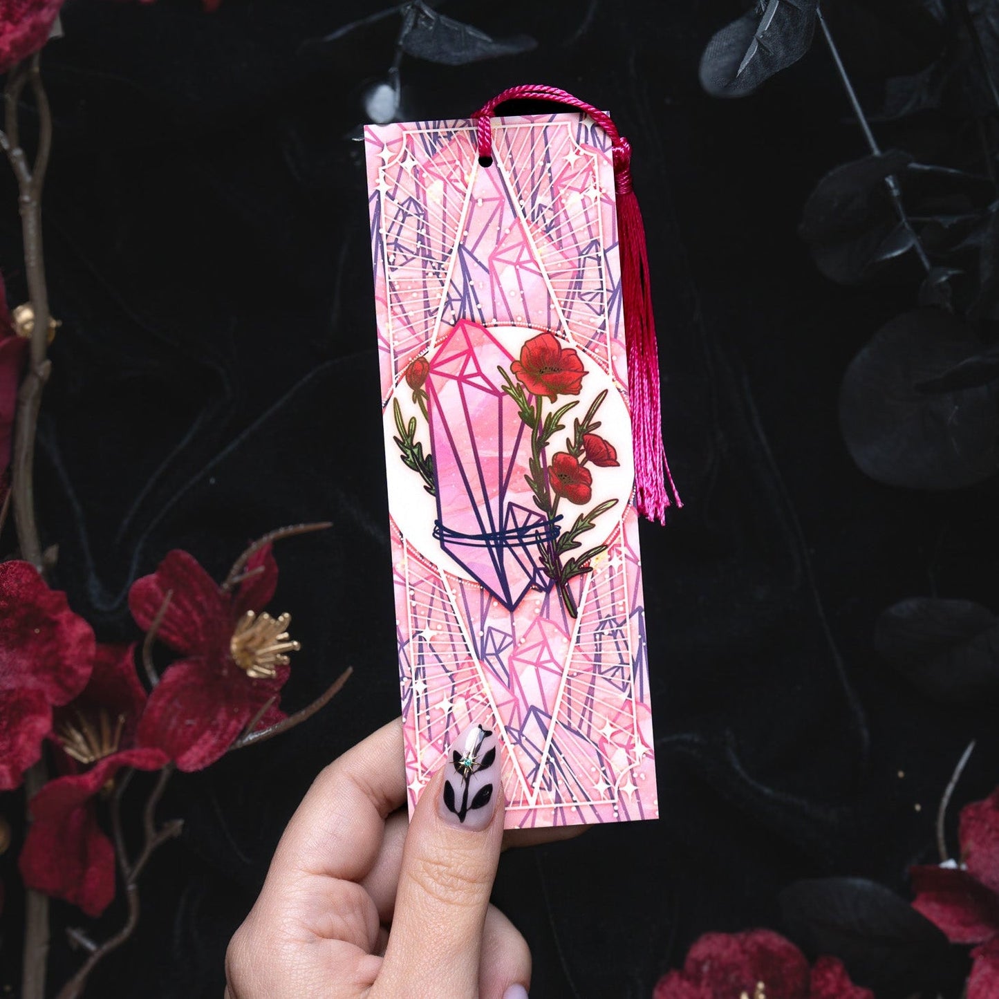 Rose Quartz with Poppies - Taurus Birthstone - Bookmark bonesandgardens