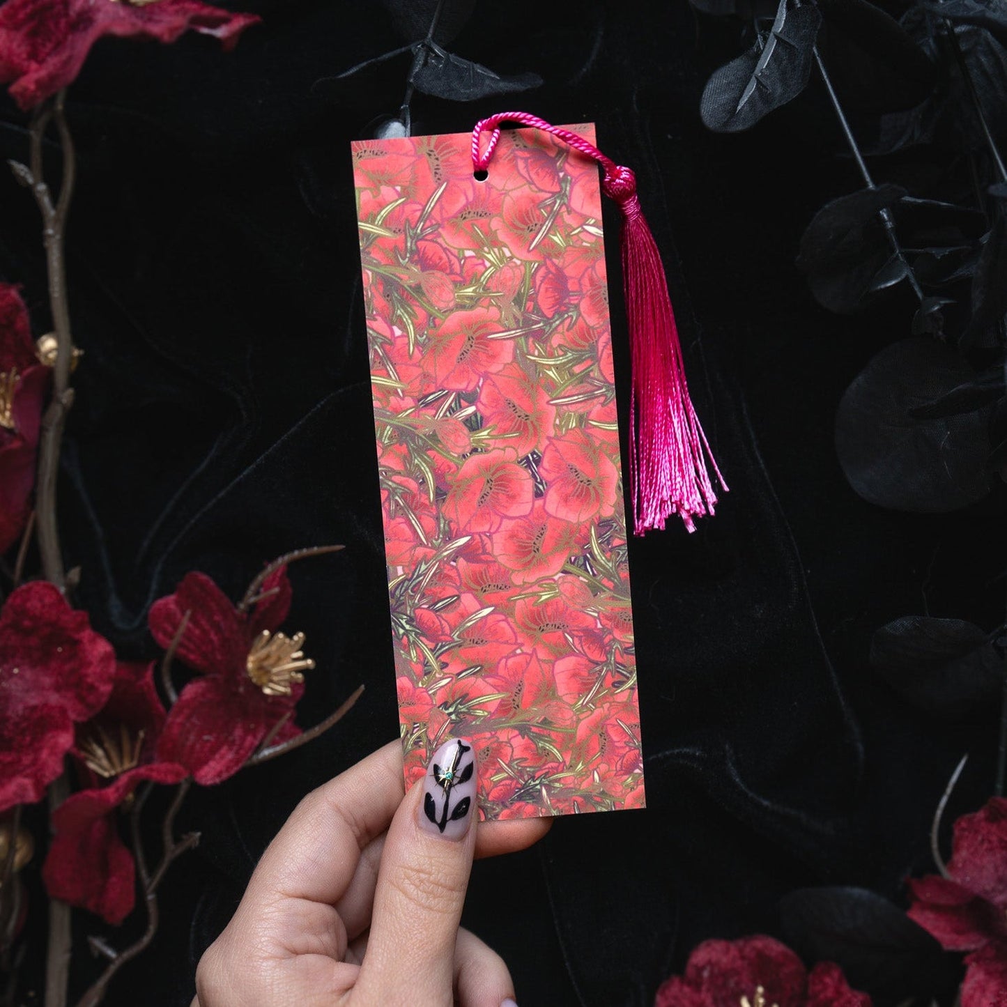 Rose Quartz with Poppies - Taurus Birthstone - Bookmark bonesandgardens