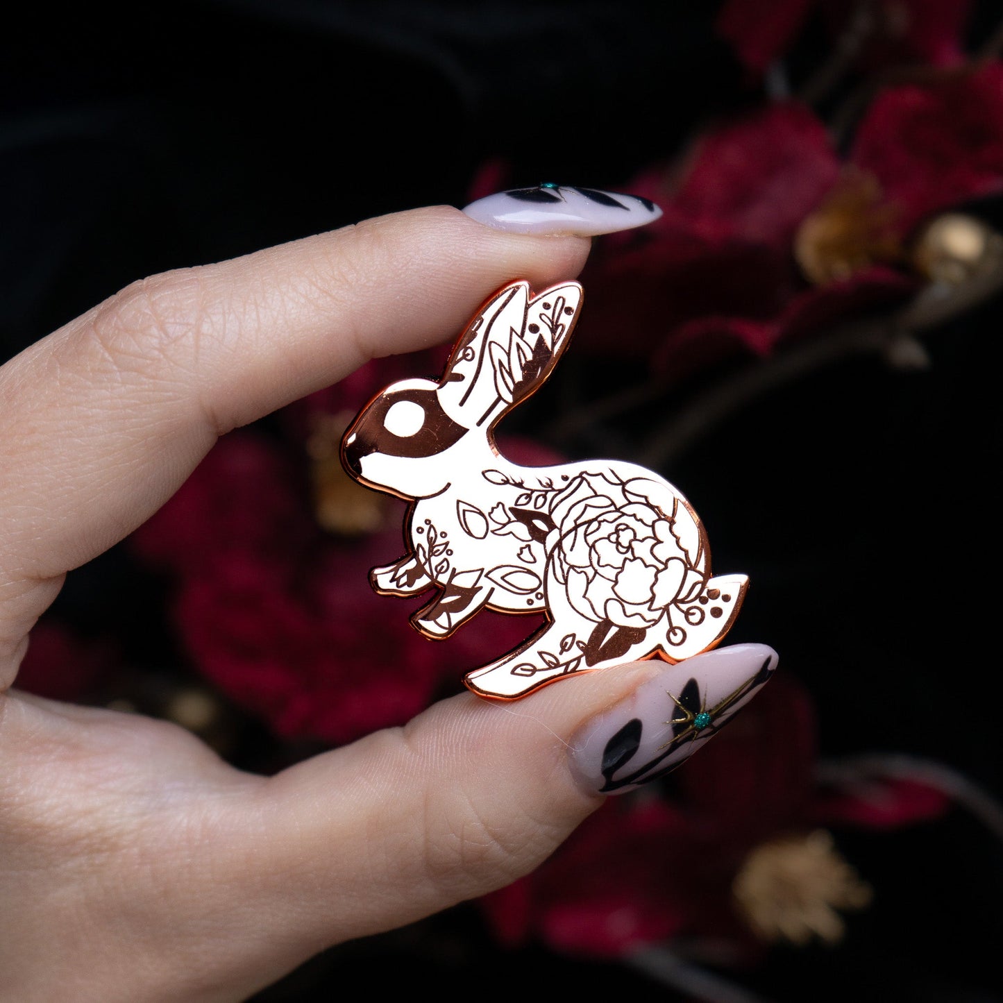 White Floral Rabbit - Enamel Pin bonesandgardens