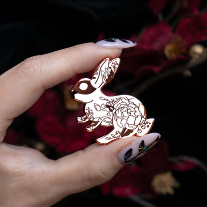 White Floral Rabbit - Enamel Pin bonesandgardens