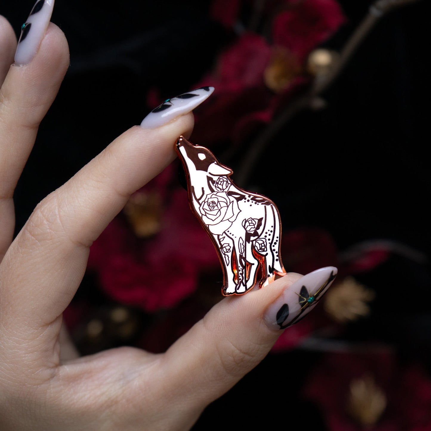 White Floral Wolf - Enamel Pin bonesandgardens