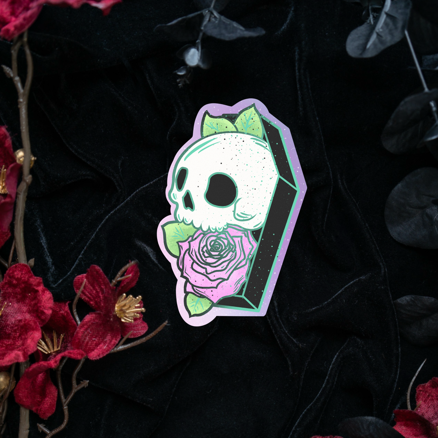 Coffin Skull with Rose Sticker bonesandgardens