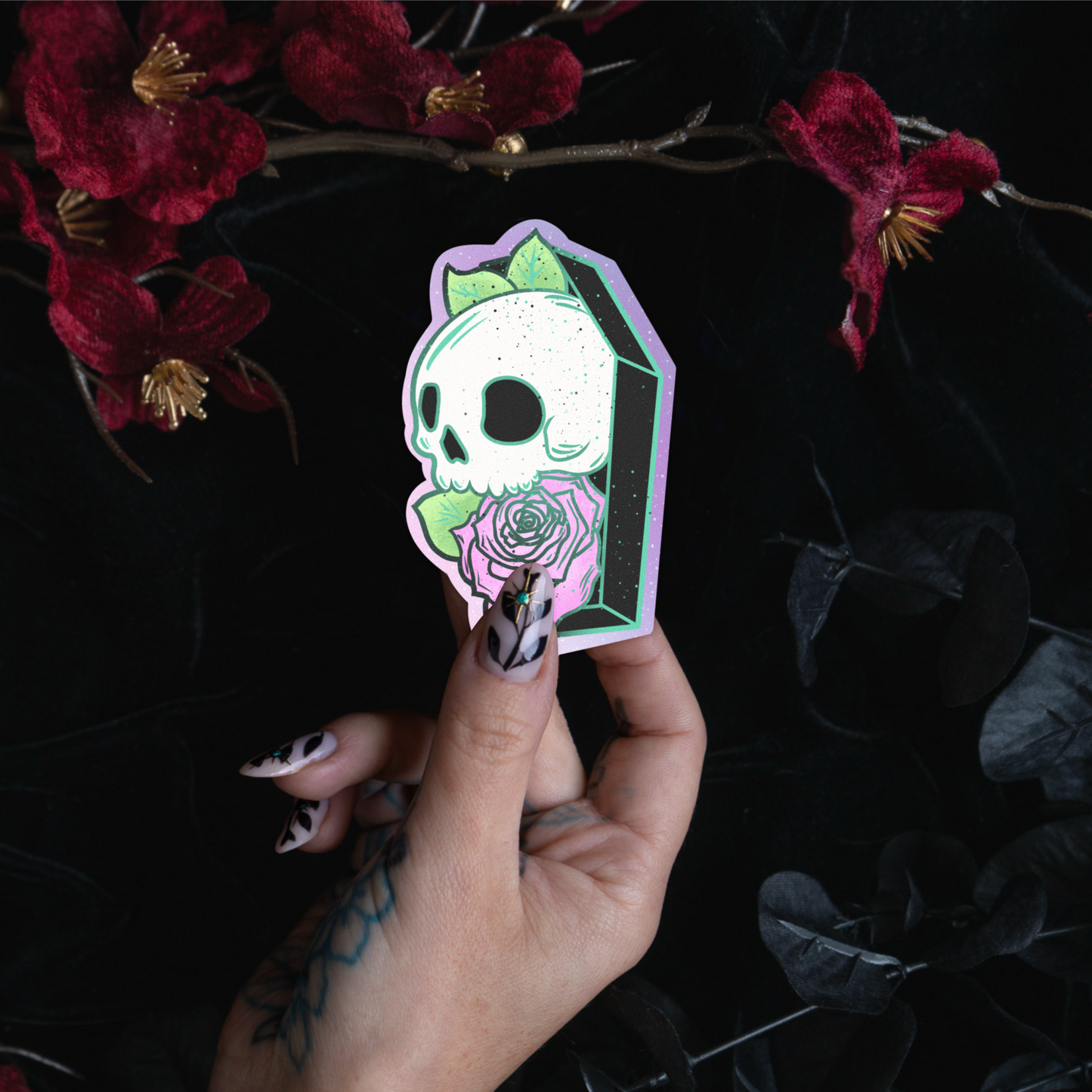 Coffin Skull with Rose Sticker bonesandgardens
