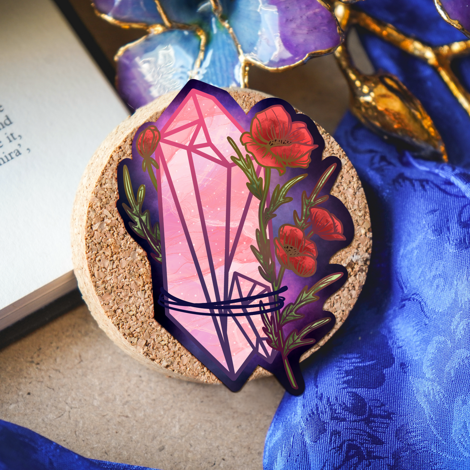 Rose Quartz with Poppies Sticker