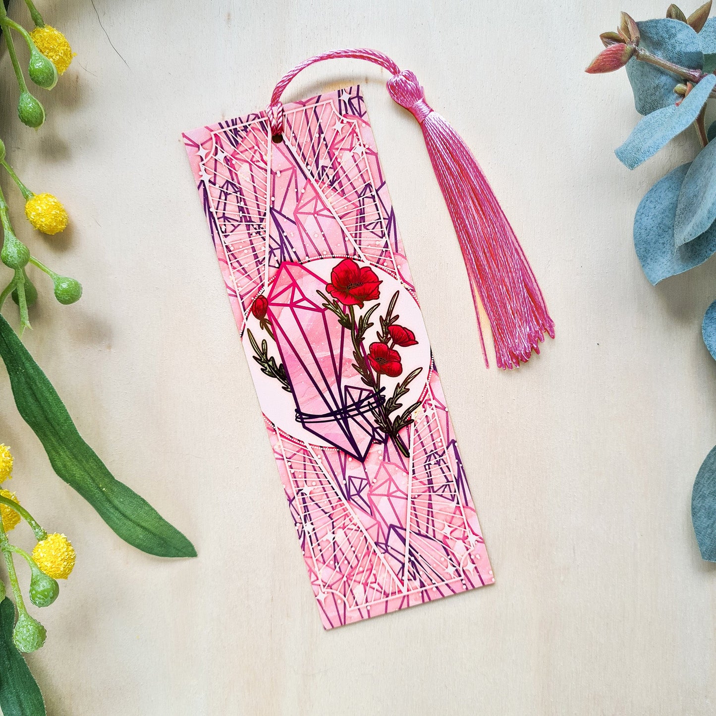 Rose Quartz with Poppies - Taurus Birthstone - Bookmark bonesandgardens