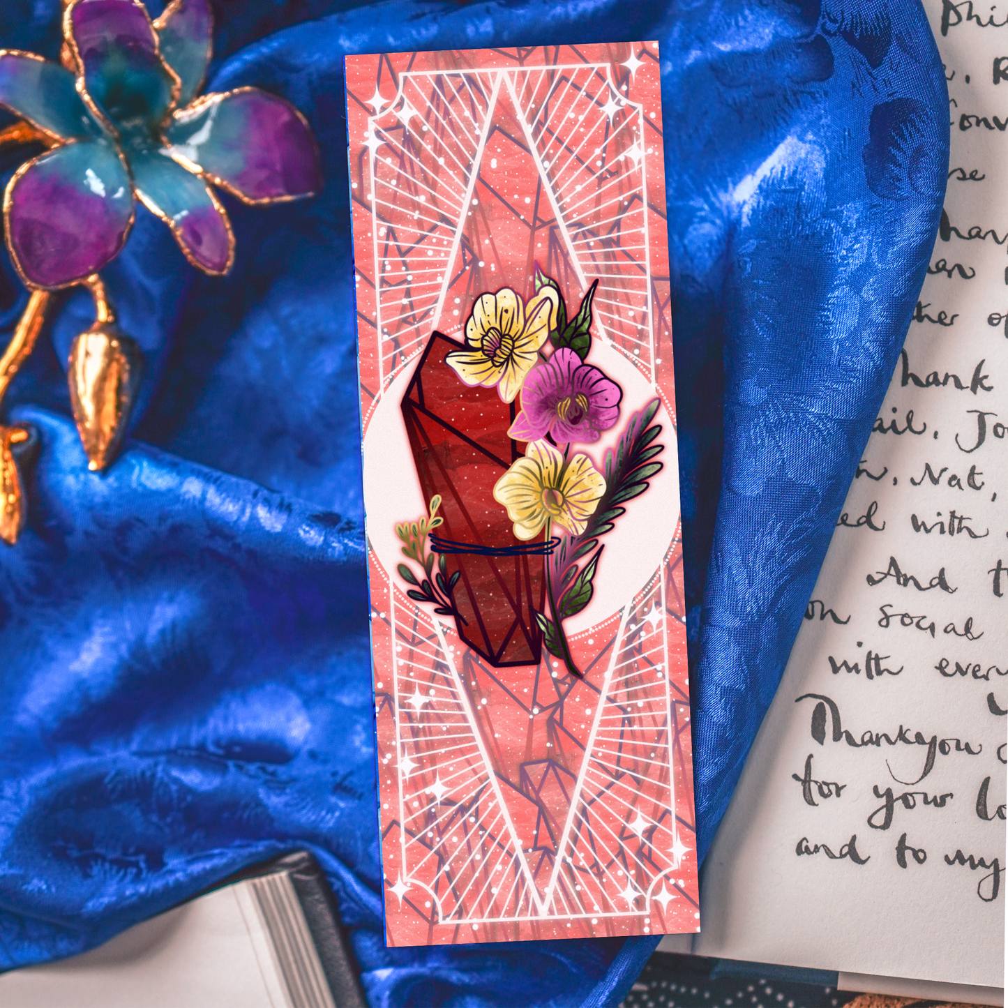 Garnet stone with orchids - Aquarius Birthstone - Bookmark bonesandgardens
