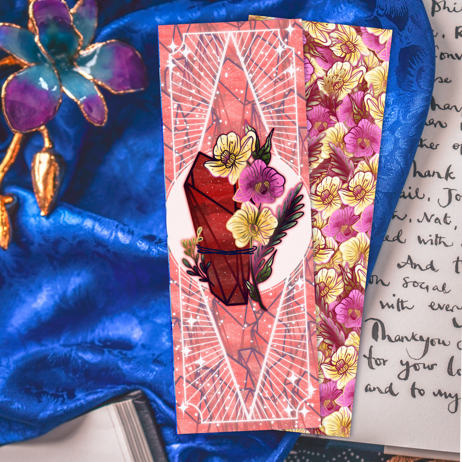 Garnet stone with orchids - Aquarius Birthstone - Bookmark bonesandgardens