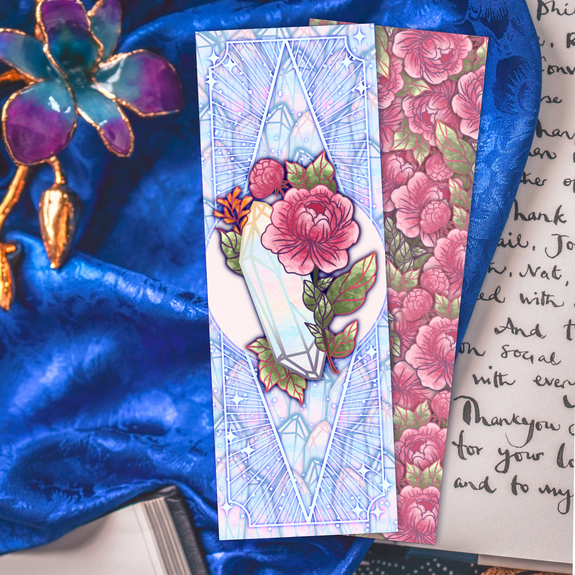 Moonstone with Peonies - Libra Birthstone - Bookmark bonesandgardens