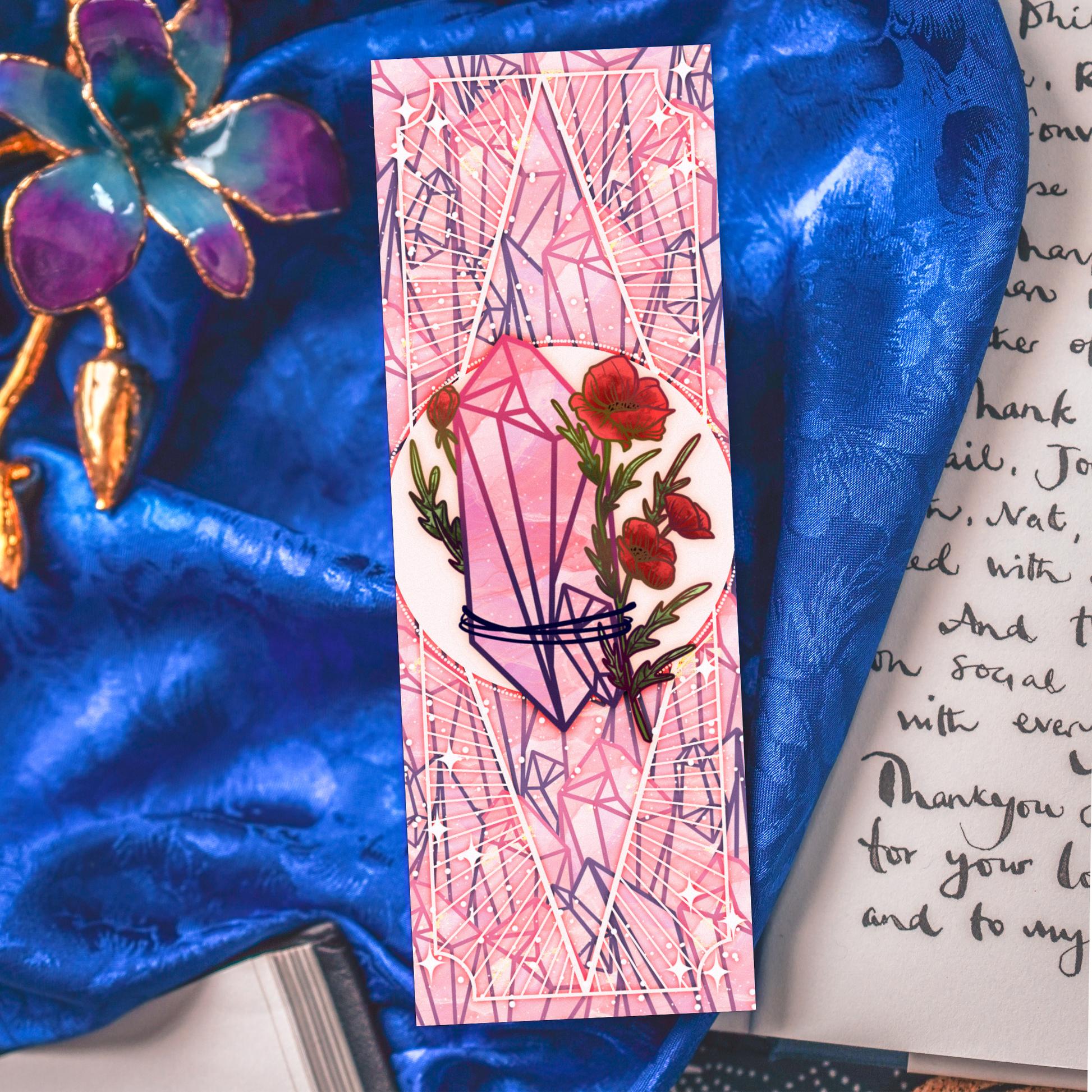 Rose Quartz with Poppies - Taurus Birthstone - Bookmark bonesandgardens