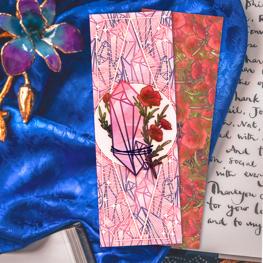 Rose Quartz with Poppies - Taurus Birthstone - Bookmark bonesandgardens