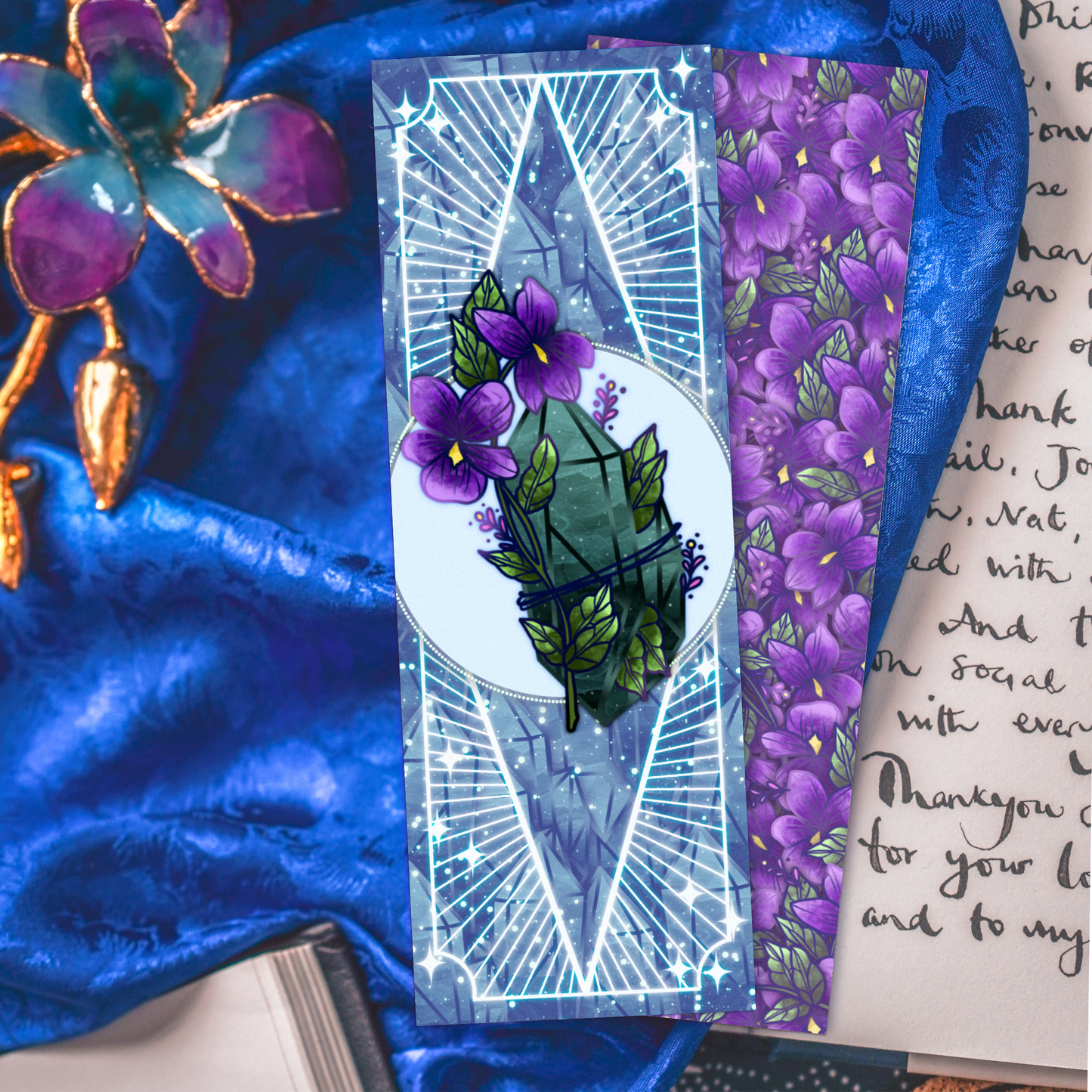 Jade stone with Violets - Virgo Birthstone Bookmark bonesandgardens