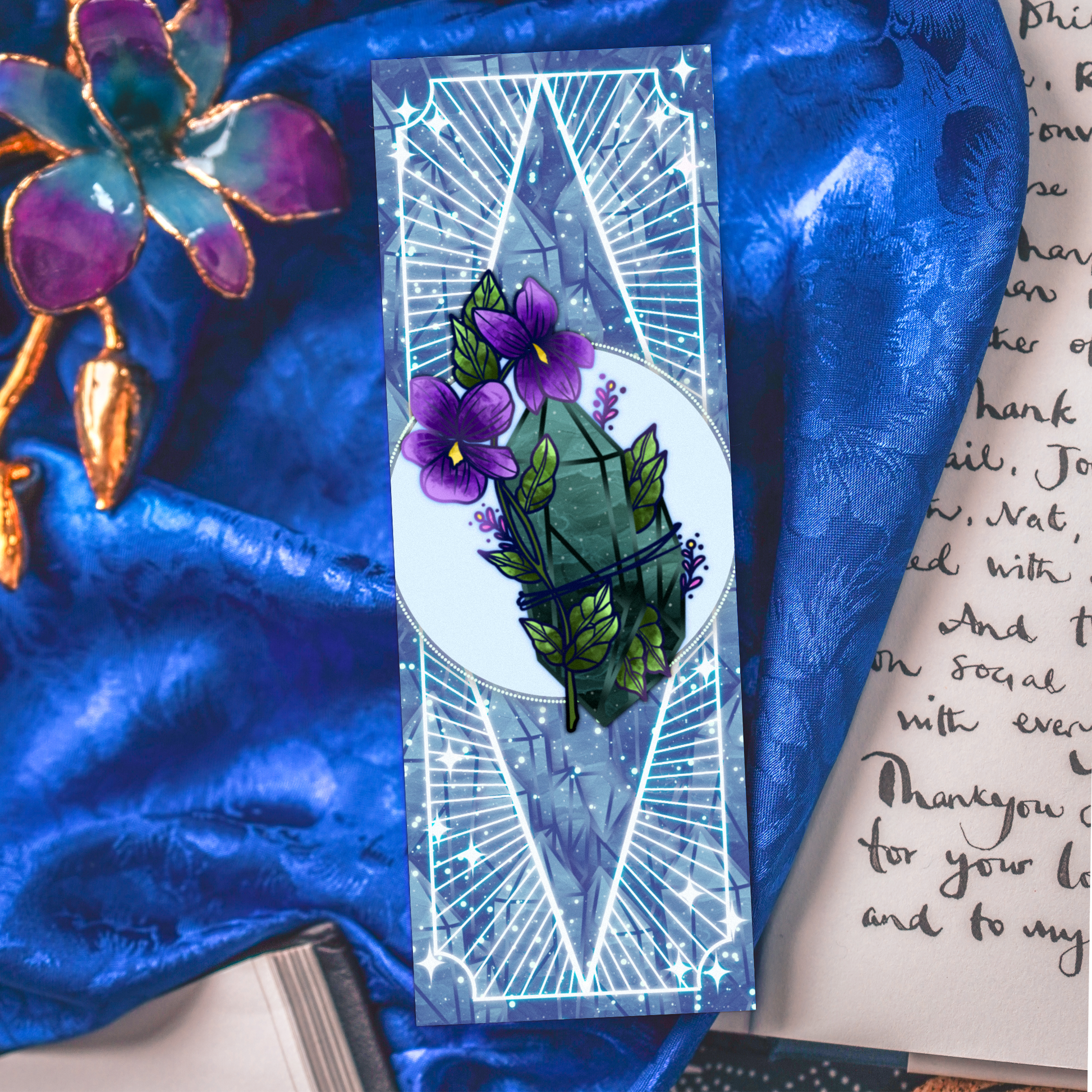 Jade stone with Violets - Virgo Birthstone Bookmark bonesandgardens