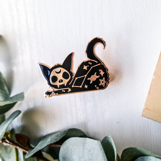 Stretching Black Cat Witchy Pin
